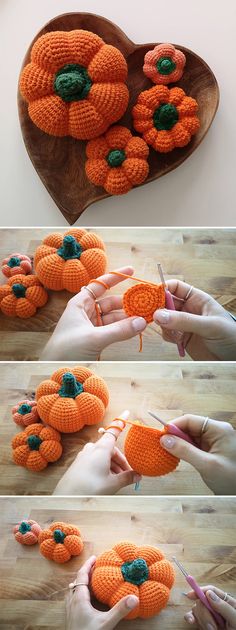 crocheted pumpkins are arranged on a wooden platter and being held by two hands