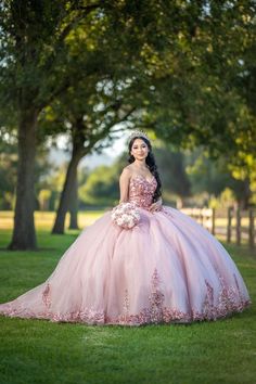 a woman in a pink dress sitting on the grass with trees behind her, wearing a tiara