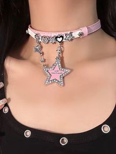 This pink and white PU choker comes in two styles for you to choose from. One features decorations of stars, hearts, a cross, and a heart pendant, while the other features heart and star decorations with a star pendant. Both options are perfect for adding a touch of sweetness and charm to your outfit. Made with high-quality materials, these chokers are perfect for anyone who loves Lolita or kawaii fashion. Add a whimsical and adorable touch to your look with these lovely chokers.  The price is f Steampunk Fashion Male, Gothic Skirts, Tassel Earing, Box Pleat Skirt, Tie Necklace, Steampunk Accessories, Moon Pendant Necklace, Star Decorations, Rhinestone Heart