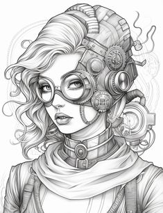 a drawing of a woman with steampunks on her face and headphones