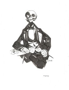 a black and white drawing of a skeleton in a tuxedo sitting on a chair