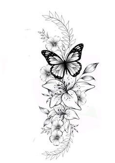 a black and white drawing of flowers with a butterfly on top