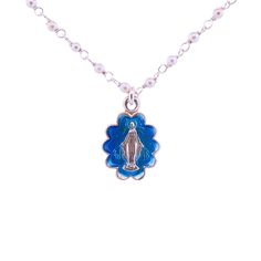 Silver Miraculous Medal with Blue Enamel & Pearls - Beaded Chain 20 - Guadalupe Gifts Blue Medallion Jewelry With Adjustable Chain, Spiritual Silver Necklace With Pearl Charm, Silver Pearl Necklace With Charms For Gift, Silver Pearl Necklace With Charms As A Gift, Silver Medallion Necklace With Pearl Charm, Blue Pendant Pearl Necklace As Gift, Blue Pearl Pendant Jewelry For Gift, Blue Pendant Pearl Necklace For Gift, Blue Sterling Silver Necklaces With Pearl Pendant