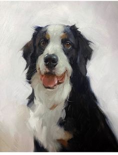 a painting of a black and white dog with his tongue hanging out looking at the camera