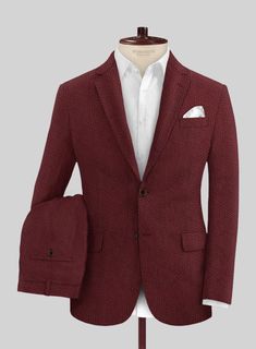 Create perfect wedding attire with our Solbiati Maroon Seersucker Suit that will exemplify a strong masculine presence. Crafted from pure cotton, the seersucker suit will enhance your style while taking your overall look to the next level. The maroon suit allows you to make a subtle style statement by looking dapper yet classy on the most special occasion of your life.   Seersucker name comes from the persian word: "SHUR E SHAKAR" which means sugar and milk, signifying the alternation of smooth and rough. The fabric is purely summer and due to its curled characteristic feature it does not rest entirely in contact with the skin, thus allowing heat dissipation, facilitating breathability.   Look Includes  Solbiati Maroon Seersucker Fabric  Two Button Jacket Style  Notch Lapel  Horn Brown But Grey Tweed Suit, Maroon Suit, Herringbone Tweed Jacket, White Linen Suit, Green Velvet Jacket, Peaky Blinders Suit, Royal Blue Suit, Seersucker Suit, Seersucker Fabric