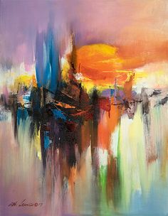 an abstract painting with many colors and shapes in the background, it looks like there is no image on this page to describe