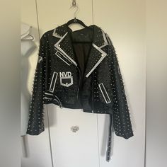 -Thrifted Item But Never Used -I Did Have To Clean It From Hair After Buying (It Is Cleaned To The Absolute Best Of My Ability) -Vegan Leather Biker Jacket Silver Biker Jacket For Fall, Silver Long Sleeve Biker Jacket For Fall, Silver Leather Long Sleeve Jacket For Fall, Silver Long Sleeve Leather Jacket For Fall, Silver Leather Jacket With Long Sleeves For Winter, Studded Jacket, Leather Biker Jacket, Leather Jackets, Biker Jacket