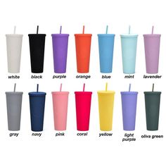 different colored cups with straws and lids are shown in the same color as each other