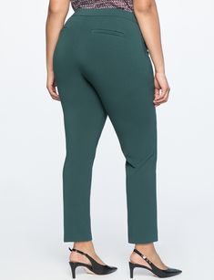 The Ultimate Stretch Suit Pintuck Pant | Women's Plus Size Pants | ELOQUII Green 4-way Stretch Elastane Pants, Green Elastane Pants With 4-way Stretch, Green Stretch Elastane Pants, Stretch Solid Pants With Zipper Closure, Solid Stretch Pants With Zipper Closure, Stretch Trousers With Zip Fly, Stretch Full-length Pants With Zipper Closure, Fitted Elastane Pants With Zip Fly, Green Stretch Straight Leg Dress Pants