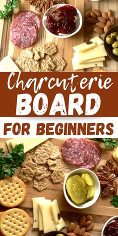 cheese board with crackers, olives, and other snacks on it for beginners to make