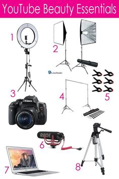 a camera, tripod, flash light and other items are arranged around the image