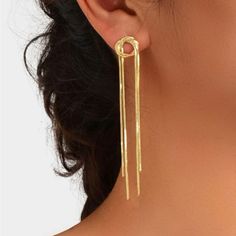 Metal Tassel Drop Earrings. 1 Available Long Gold Earrings, Long Tassel Earrings, Tassel Drop Earrings, Style Punk, Gold Earrings Designs, Fancy Jewelry, Gold Earring, Gold Earrings Dangle, Gold Drop Earrings