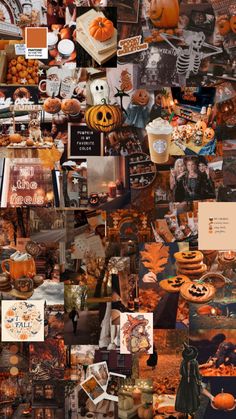 a collage of halloween images with pumpkins and other things on it's side