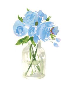 a painting of blue flowers in a glass vase