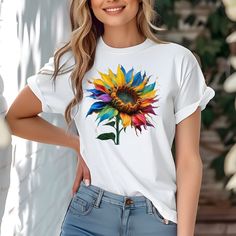 Sunflower T-Shirt, Colorful Sunflower, Botanical Shirt, Mom Shirt, Woman Shirt Discover Our Latest Range Of Versatile And Stylish T-Shirts (Gildan 5000), Where Style Harmonizes With Unparalleled Comfort! Featuring Sizes From S To 3xl And A Vibrant Spectrum Of Colors Such As Black, White, Sand, Green, Sport Grey, Red, Navy, And More, There's A Choice To Cater To Every Taste. Crafted With Precision Using Top-Notch Materials, Our T-Shirts Offer A Luxurious Sensation And An Impeccable Fit That Endur Nike Pro Fits, Super Mario Shirt, Colorful Sunflower, Woman Shirt, Botanical Shirt, Mama Shirts, Tour T Shirts, White Sand, Mom Shirt