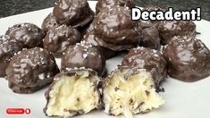 chocolate covered desserts on a white plate with the words decadent