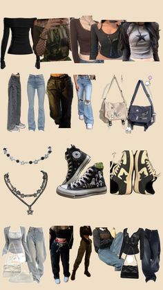 a collage of different types of clothing and accessories including shoes, jeans, necklaces