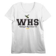 Show some school pride with this Yellowjackets tee. The shirt features black letters that spell out, "WHS," while a yellowjacket mascot flies above the text. The tee comes in a white short sleeve crew neck. Yellowjackets fans will love this comfy cotton tee. School Fan Apparel Crew Neck Top, School Fan Apparel Tops With Crew Neck, School Fan Apparel Top With Screen Print, Pre-shrunk Tops For Streetwear With School Spirit, Collegiate Style School T-shirt With Screen Print, Pre-shrunk Tops For School Spirit Streetwear, Pre-shrunk School Spirit Tops For Streetwear, White Collegiate Tops For School, White Varsity Tops For School