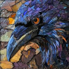 a bird made out of stained glass on a piece of mosaic paper with an orange eye