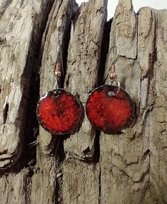 Red Round Jewelry With Black Enamel, Vintage Red Copper Earrings, Red Hand Painted Earrings For Gift, Red Enamel Round Earrings, Red Round Enamel Earrings, Red Pierced Enamel Earrings, Red Enamel Pierced Earrings, Red Copper Earrings, Handmade Red Enamel Jewelry