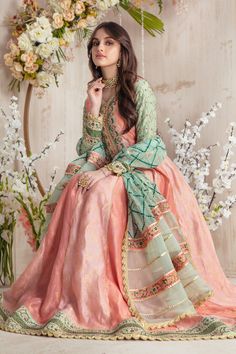 Milky Coral | Pakistani Designer Outfit | Sarosh Salman Peach Color Dress Outfit, Coral Color Combinations, Peach Colour Combinations, Peach Dupatta, Dark Peach Color, Peach Color Dress, Net Shirt, Combination Dresses, Magical Dress