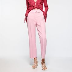 New With Tags Zara Pink Mini Flare Pants. Size Xs. Ref. 1478/041 Chic Straight Leg Spring Pants, Chic Straight Leg Pants For Spring, Spring Trousers For Workwear, Spring Workwear Trousers, Spring Tailored Pantsuit With Straight Pants, Tailored High-waisted Dress Pants For Spring, Tailored Spring Pantsuit With Straight Pants, Elegant Trousers For Spring, Elegant Spring Trousers