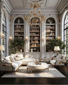 a living room filled with lots of furniture and bookshelves next to large windows