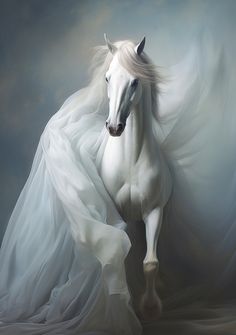 a white horse with long hair and flowing fabric around it's body, running in the wind