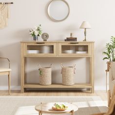 a living room scene with focus on the coffee table and two baskets in front of it