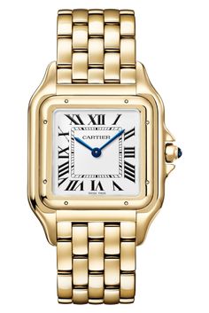 Panthère de Cartier watch, large model, quartz movement. 18K yellow gold (750/1000) case. Dimensions:... 31 mm x 42 mm, thickness: 6.71 mm, crown with a blue sapphire, silvered dial, blued-steel sword-shaped hands, 18K yellow gold (750/1000) bracelet. Water-resistant up to 3 bar (approx. 30 meters/100 feet). Since the 19th century, Cartier has been an innovator in the world of Haute Horlogerie, bringing an elegant, luxe style to ingenious craftsmanship. Watch Winders, Cartier Panthere, Luxe Style, Cartier Watch, Blue Steel, Gemstone Colors, Watch Strap, Quartz Movement, Cartier