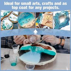 an advertisement for art and crafts shows how to use blue paint on the bottom half of a plate