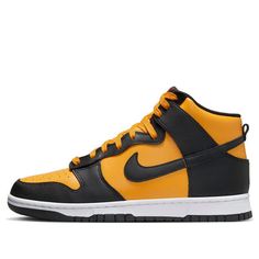 The Nike Dunk High Retro 'Bruce Lee' is a stylish sneaker with a unique design. It features a University Gold/Black-White-Habanero Red colorway, with a yellow leather base, nylon tongue, and laces. The black overlays, Swoosh, lining, and rubber sole, along with the Habanero Red tongue branding and white midsole top complete the look. Perfect for any activity, this sneaker is inspired by the legendary martial artist Bruce Lee and is part of the Nike Dunk High Retro series. Its durable construction and comfortable fit make it the perfect choice for any sneaker enthusiast. (SNKR/Skate/Men's/Non-Slip/High Top) Urban Orange Sneakers For Skateboarding, Nike High-top Sneakers For Streetwear With Cushioned Footbed, Orange High-top Sneakers With Gum Sole For Streetwear, High-top Sneakers With Boost Midsole For Skateboarding, Nike High-top Skate Shoes With Abzorb Midsole, Orange High-top Streetwear Sneakers With Rubber Sole, Orange High-top Sneakers With Rubber Sole For Streetwear, Urban Orange Sneakers With Rubber Sole, Orange Mid-top Skate Shoes For Streetwear