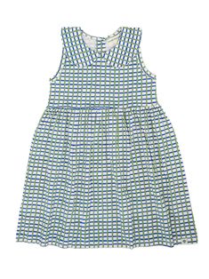 The Blue and Green Picnic Dress is so cute! Featuring a sweet Peter Pan collar + button closure along the back. Crafted from 100% GOTS certified organic cotton, this dress will keep kids cool and comfortable during those hot summer days. Naturally soft + gentle on sensitive skin. 100% Organic Cotton Jersey Machine Wash Cold with Like Colors Tumble Dry Low Do Not Bleach Sustainably + Ethically Made Casual Summer Twirl Dress For Playwear, Summer Cotton Sundress For Playwear, Casual Cotton Twirl Dress For Playwear, Playful Cotton Dress For Picnic, Casual Cotton Sundress For Playdate, Playful Summer Beach Twirl Dress, Playful Cotton Twirl Dress For Beach, Casual Cotton Twirl Dress For Playtime, Summer Blue Twirl Dress For Playdate