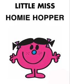 a pink cartoon character with the words little miss throat goat on it's face