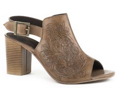 WOMENS FASHION MULE BEIGE FLORAL TOOLED LEATHER WITH OPEN TOE AND BACK STRAP Hand Tooled Open Toe Sandals For Spring, Western Style Open Toe Sandals For Spring, Western Style Closed Toe Spring Heels, Western Style Closed Toe Heels For Spring, Brown Open Toe Mules For Fall, Western Style Mules For Spring, Western Shoes, Western Apparel, Western Style Outfits