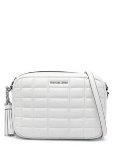 white lambskin smooth grain quilted adjustable detachable shoulder strap tassel detail logo plaque to the front logo-print lining internal slip pocket internal logo patch silver-tone hardware top zip fastening This piece comes complete with a protective dust bag. White Leather Shoulder Bag With Logo Plaque, White Leather Bags With Logo Plaque, Classic White Bags With Logo Plaque, White Rectangular Bag With Logo Plaque, Luxury White Shoulder Bag With Embossed Logo, White Shoulder Bag With Embossed Logo For Travel, White Travel Shoulder Bag With Embossed Logo, Classic White Bags With Embossed Logo, Michael Kors Crossbody Bag