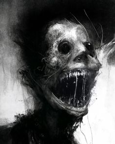 a black and white drawing of a monster with its mouth open