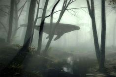 an image of a whale in the foggy forest with trees and water around it