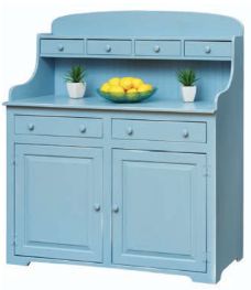 a blue hutch with fruit and plants on the top shelf, against a white background