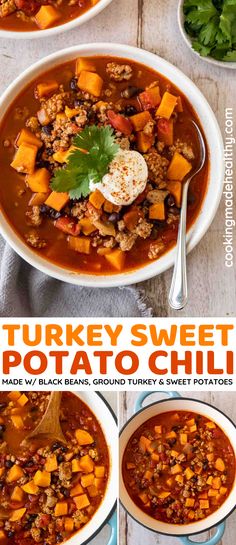 two bowls filled with turkey sweet potato chili