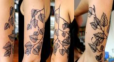 three different views of a woman's leg with leaves on it and the bottom half of her arm