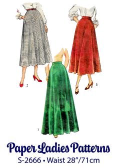 two women's skirts, one in green and the other in red