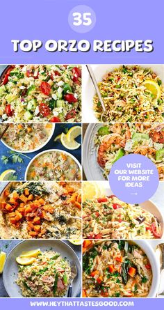 an image of different types of food with the title overlay that reads 35 top orzo recipes