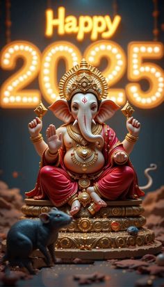 an elephant statue sitting on top of a table next to a rat and sign that says happy 2055