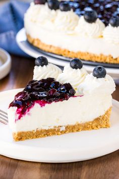 a slice of cheesecake with blueberries and whipped cream on top sits on a plate