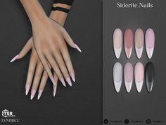 the nails are all different colors and shapes, but one is white with pink on top