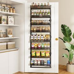 an open pantry door in a kitchen with shelves full of spices and condiments