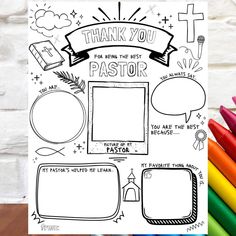 a coloring page with the words, thank you pastor and other things to write on it