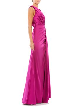 With its leg-baring faux-wrap silhouette, this one-shoulder satin gown is sure to turn heads when you make your entrance. 63" length One-shoulder neck Sleeveless Lined 100% polyester Spot clean Imported One Shoulder Ruched Gown For Gala, Satin One Shoulder Dress With Sweep Train For Gala, One Shoulder Satin Finish Gown For Gala, One Shoulder Satin Maxi Dress With Fitted Bodice, One-shoulder Satin Maxi Dress With Fitted Bodice, One Shoulder Satin Gown For Gala, Satin One Shoulder Dress With Sweep Train For Evening, Evening Satin One-shoulder Dress With Fitted Bodice, Satin One Shoulder Dress With Fitted Bodice For Evening