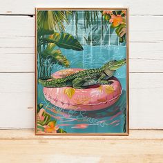 a painting of an alligator sitting on a pink float in the water with tropical plants around it